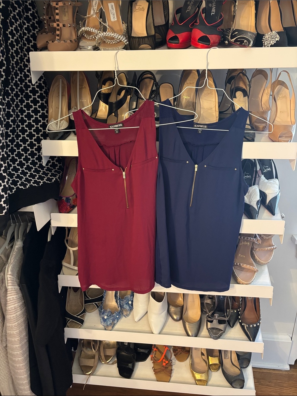 Express Sleeveless Zip-Front Tank Tops in Burgundy and Navy